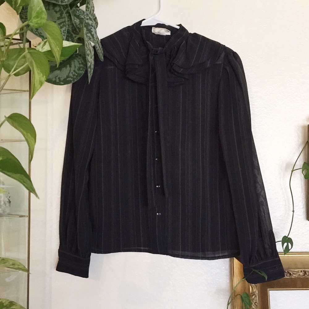 5/$25 70s Vintage Sheer Rainbow Striped Bow Secretary Blouse